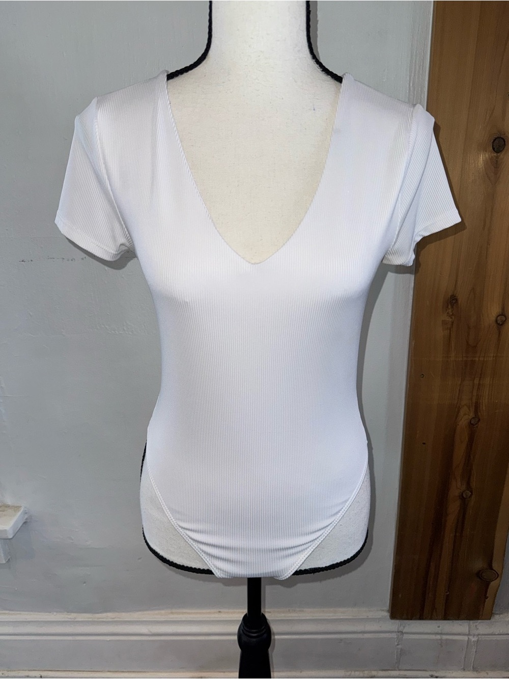 White V-Neck Ribbed Bodysuit